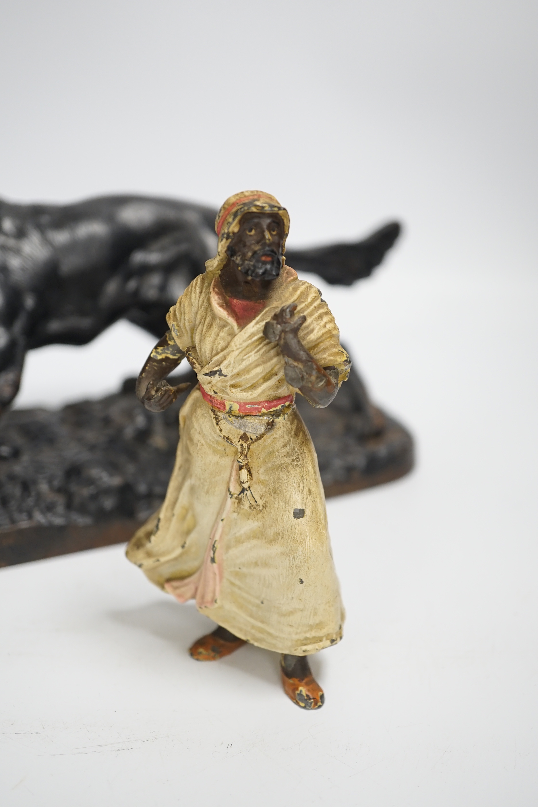 A cold-painted lead figure and a bronze animalier retriever dog, dog group 34cm long (2)